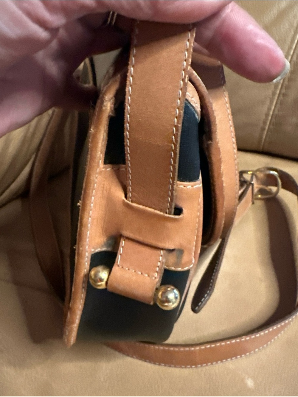 Vintage Christian Dior Black Canvas with Beige Leather Crossbody Saddle Bag - Picture 5 of 16